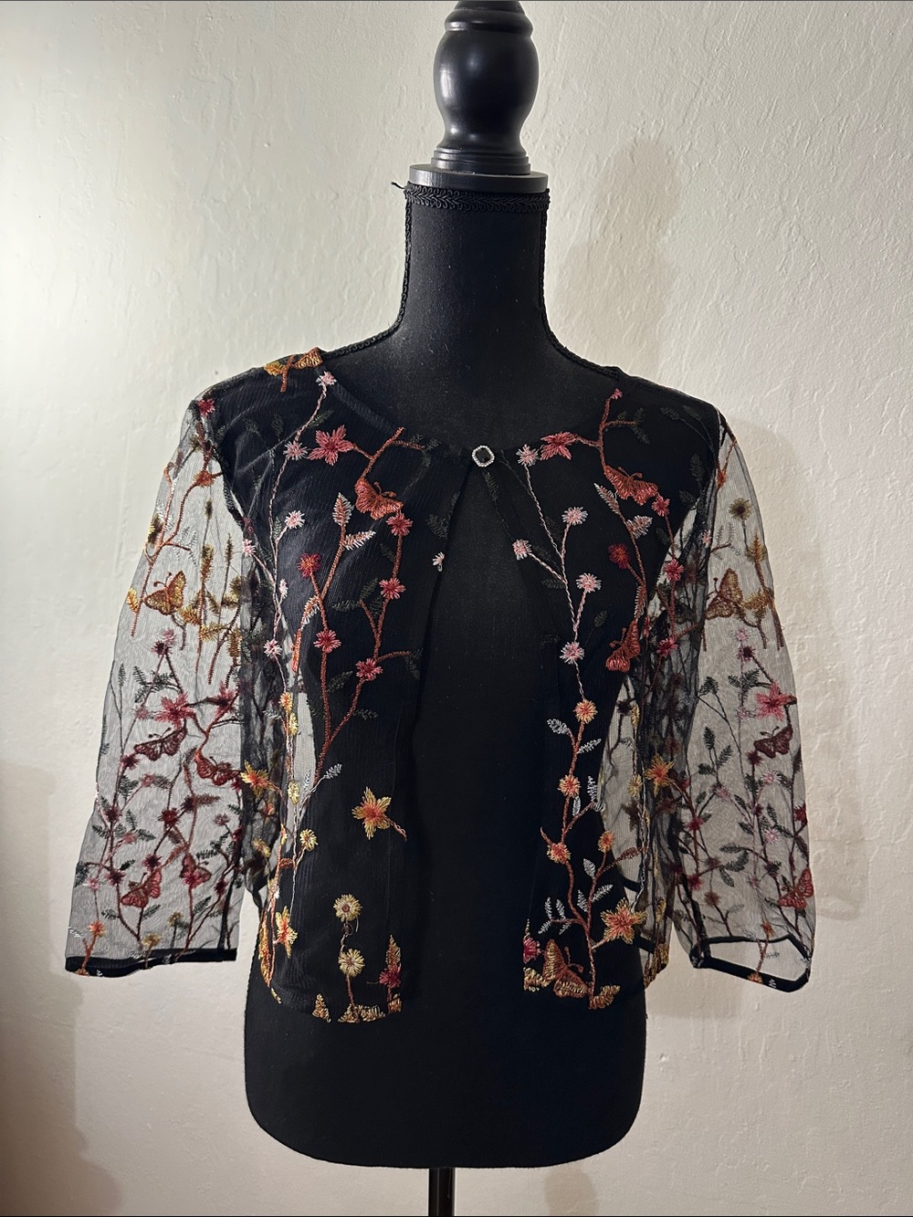 Black Sheer Floral Embroidered Open Cardigan